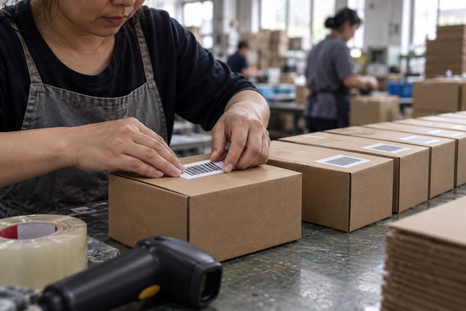 A worker pressing a barcode label onto a plain retail box on a factory bench