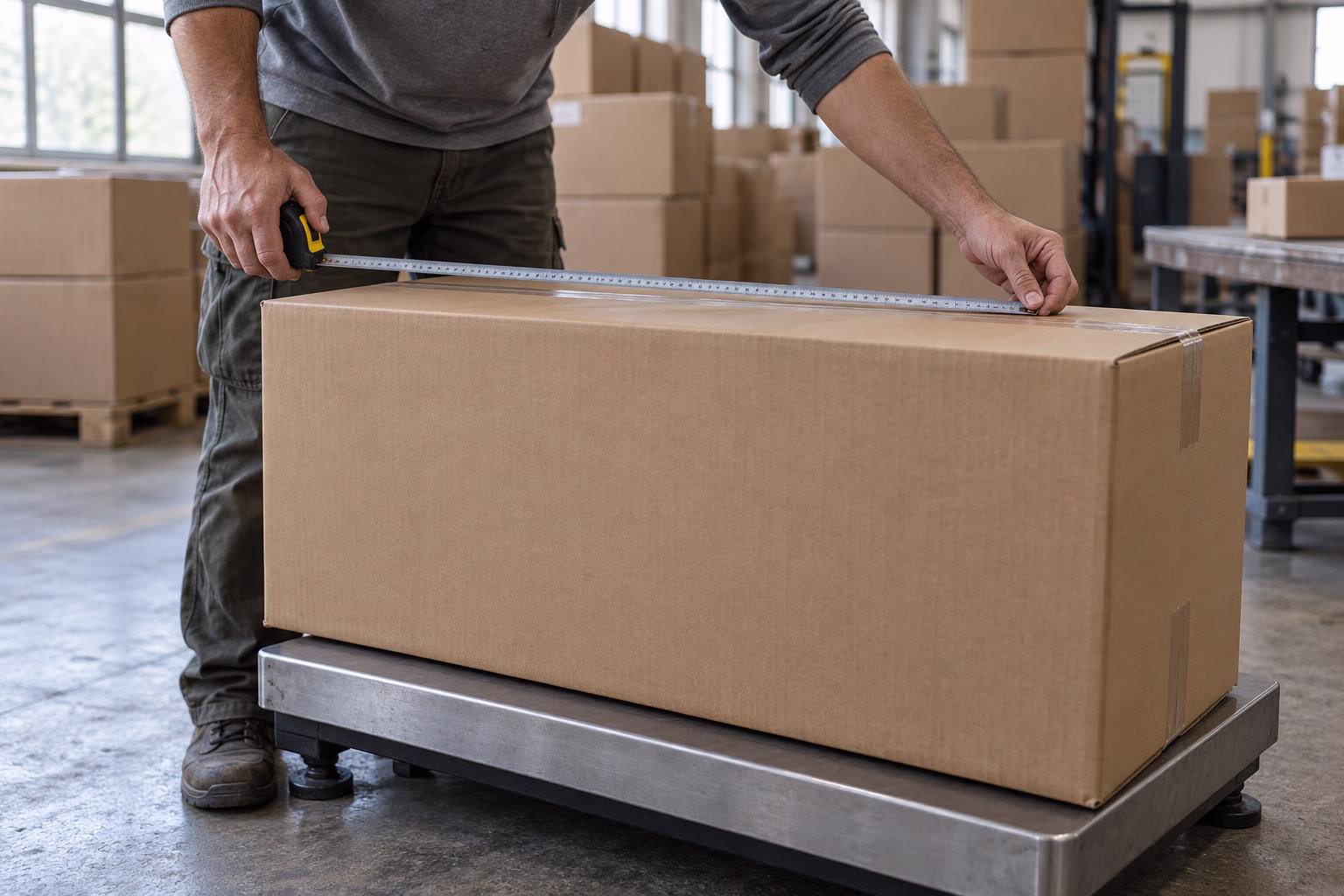 A worker measuring a corrugated carton with a tape measure, the carton standing on a floor scale
