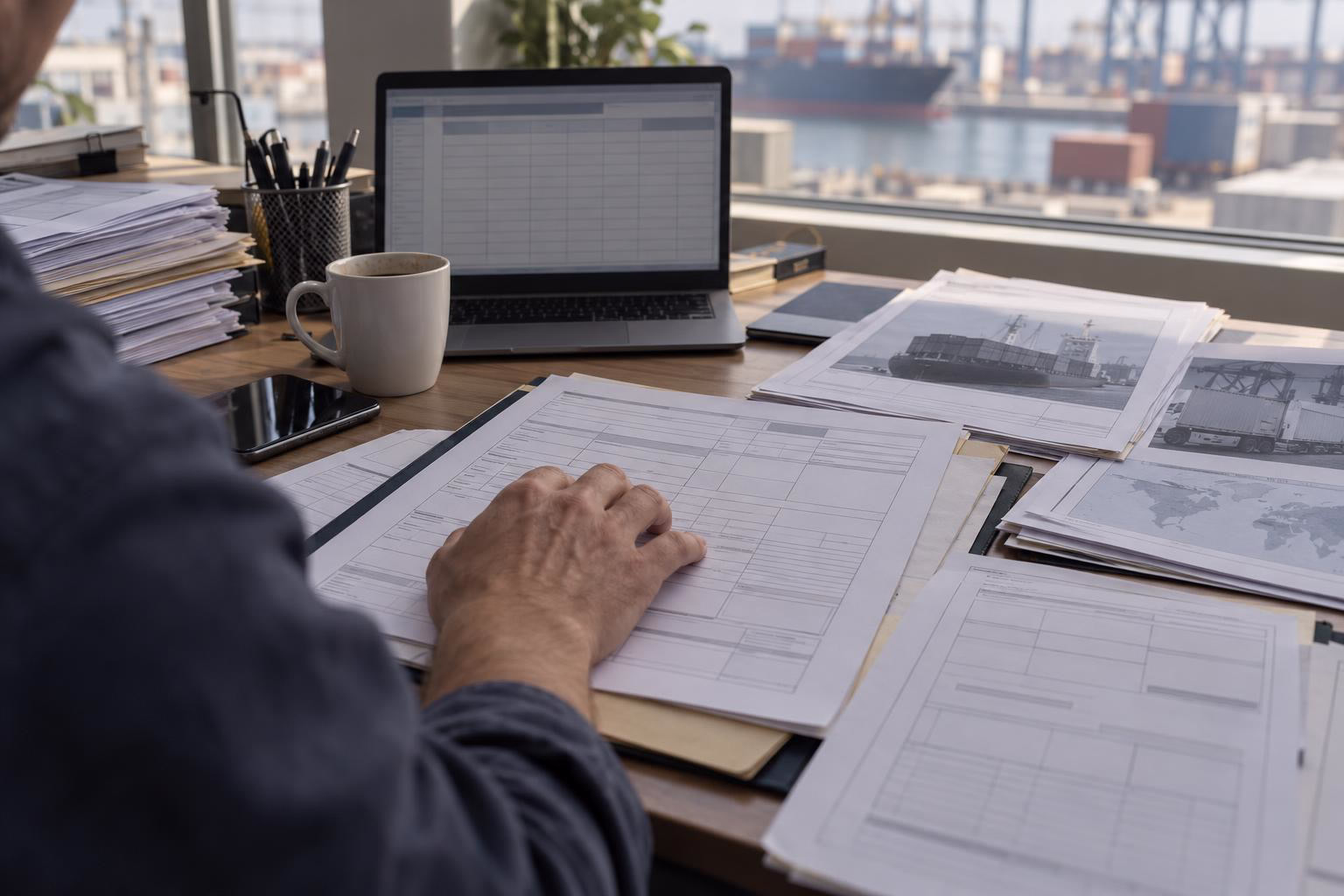 A freight forwarder's desk with a laptop, a printed customs entry form and shipping documents