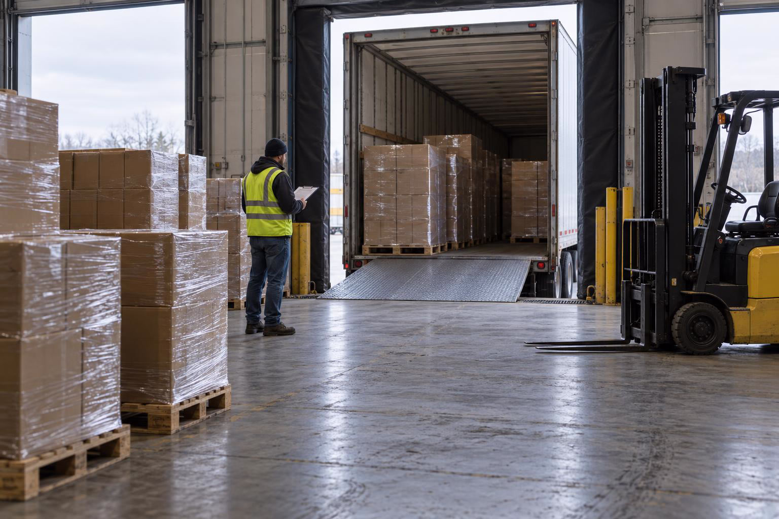 A trailer backed into a fulfillment center dock, with shrink wrapped pallets on the floor