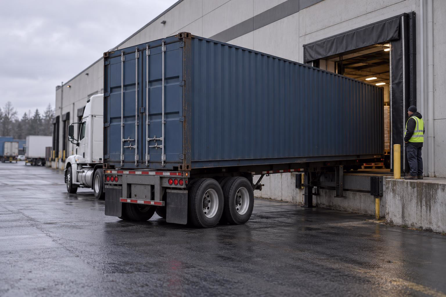 A container on a chassis backed into a warehouse dock door