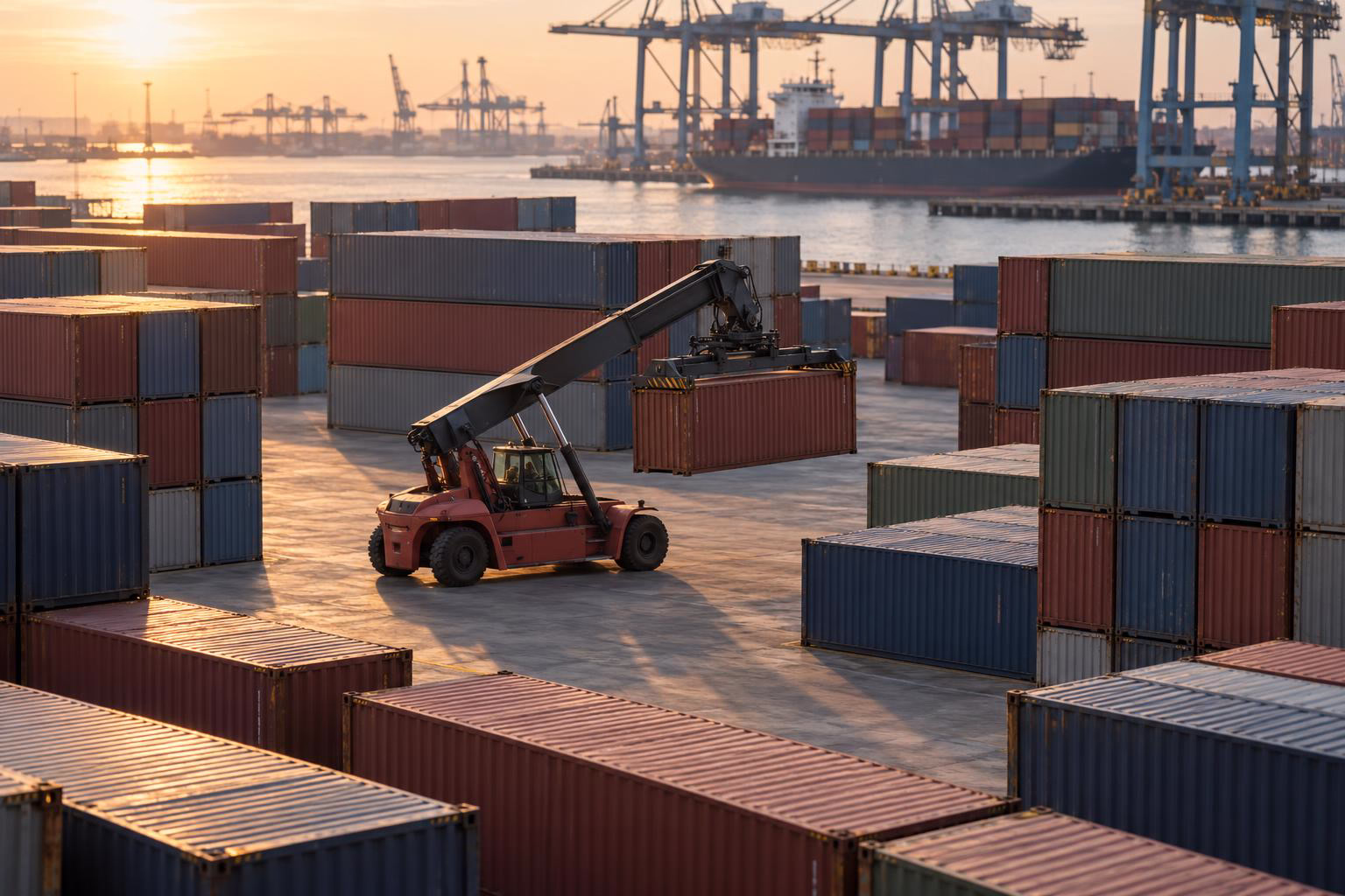 Containers stacked in rows at a port terminal, moved by a reach stacker