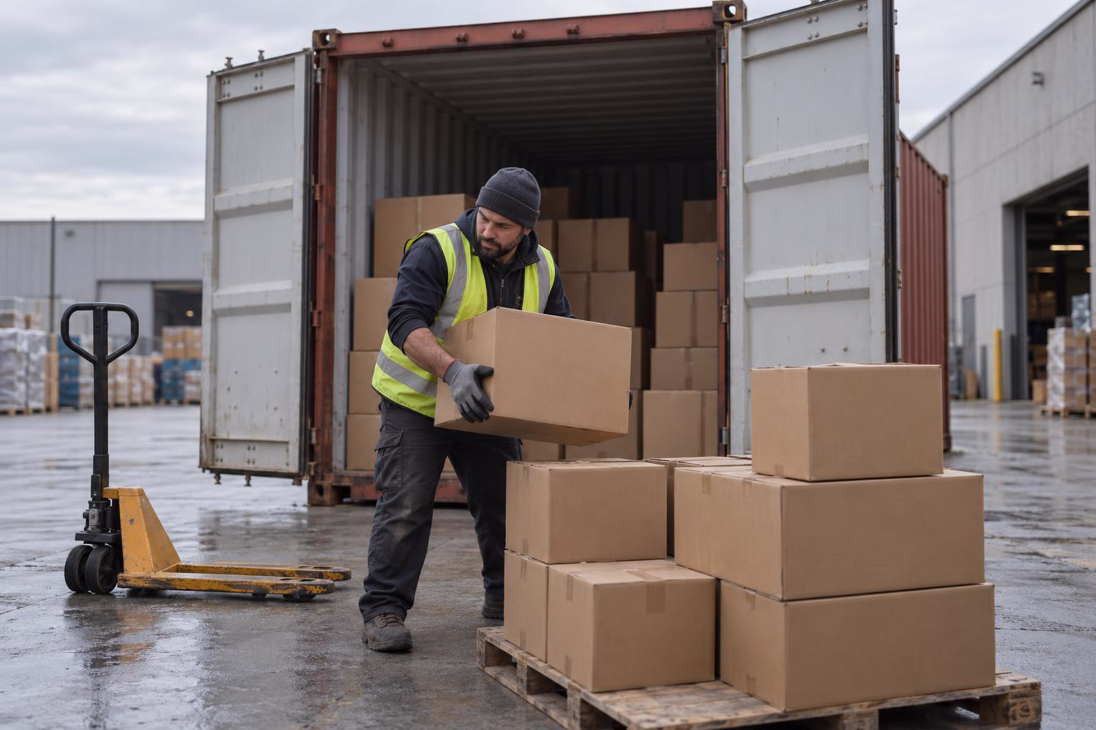 A shipping container with its doors open at a container freight station, cartons stacked on the floor awaiting sorting