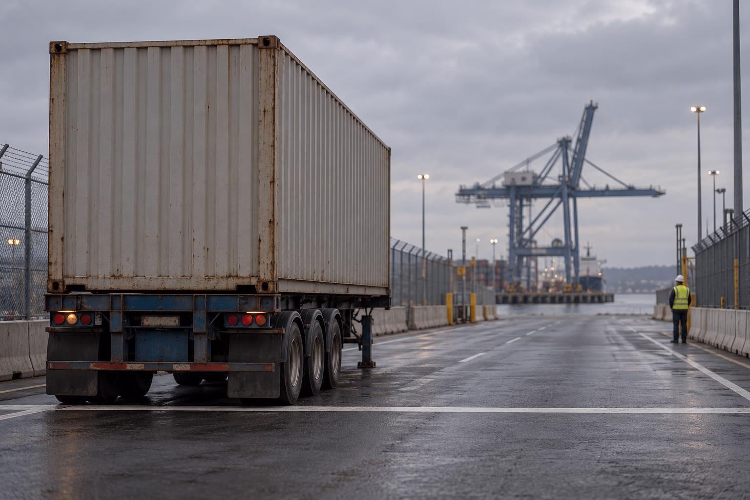 A container on a terminal chassis waiting at a stop line with an empty lane ahead