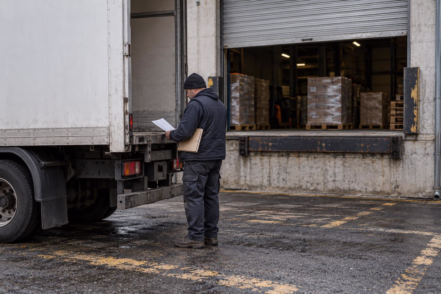 A box truck at a warehouse dock with the roller door half raised